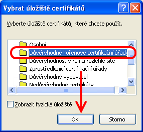 Zvolte druhou možnost všechny certifikáty umístit v následujícím úložišti a stiskněte tlačítko