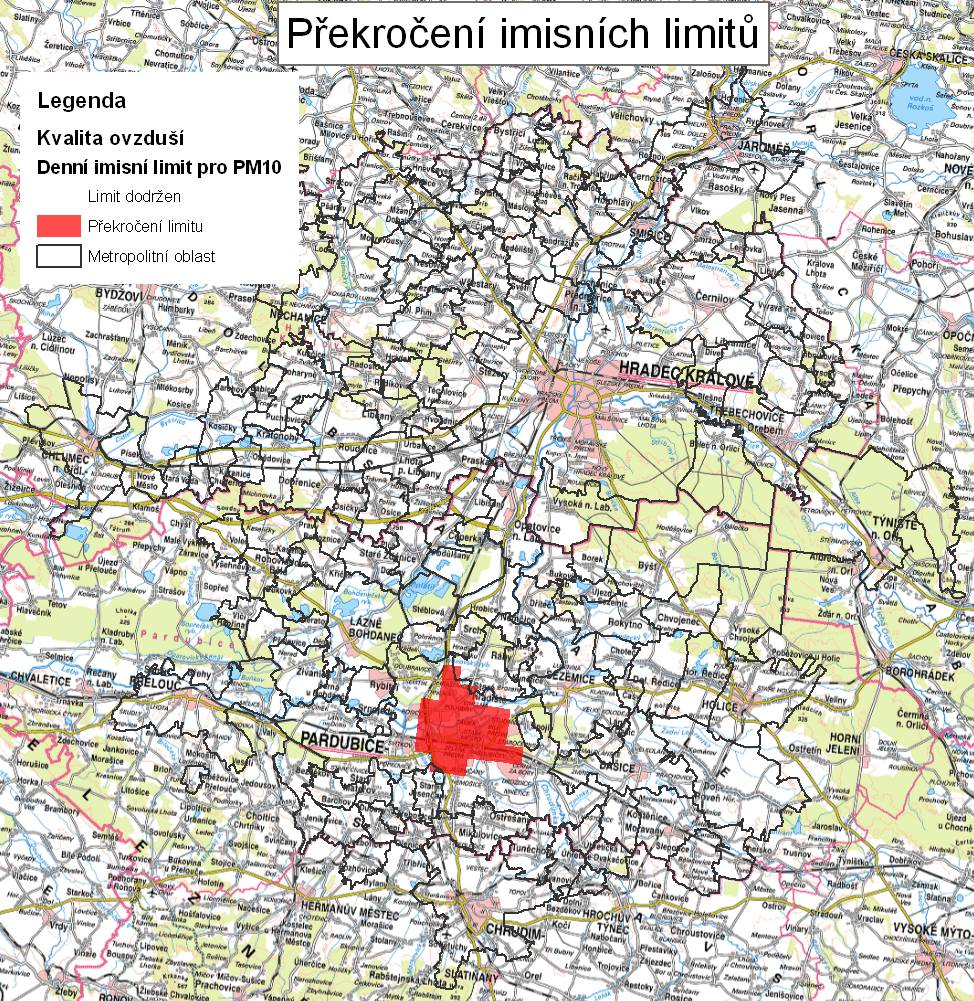 dopravy. Imisní limit není dodržován zejména na území ORP Česká Třebová, Lanškroun, Litomyšl, Moravská Třebová, Pardubice, Žamberk a Hradec Králové.