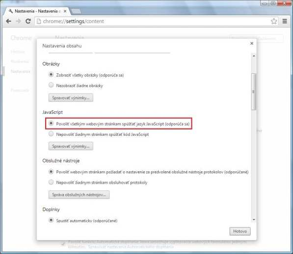 V dolnej časti stránky kliknite na Zobraziť rozšírené nastavenia... 2. Kliknite na Nastavenia obsahu... a povoľte JavaScript.