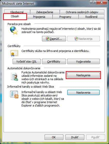 Ďalšie nastavenia prehliadača Internet