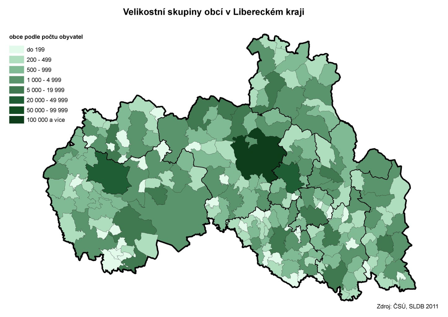 Pouze jednu část mělo v roce 2011 v Libereckém kraji 78 obcí. V 31 sídelních jednotkách nikdo obvykle nebydlel. Statut města má 39 obcí. V roce 2011 byly obce Libereckého kraje tvořeny 766 částmi 1.