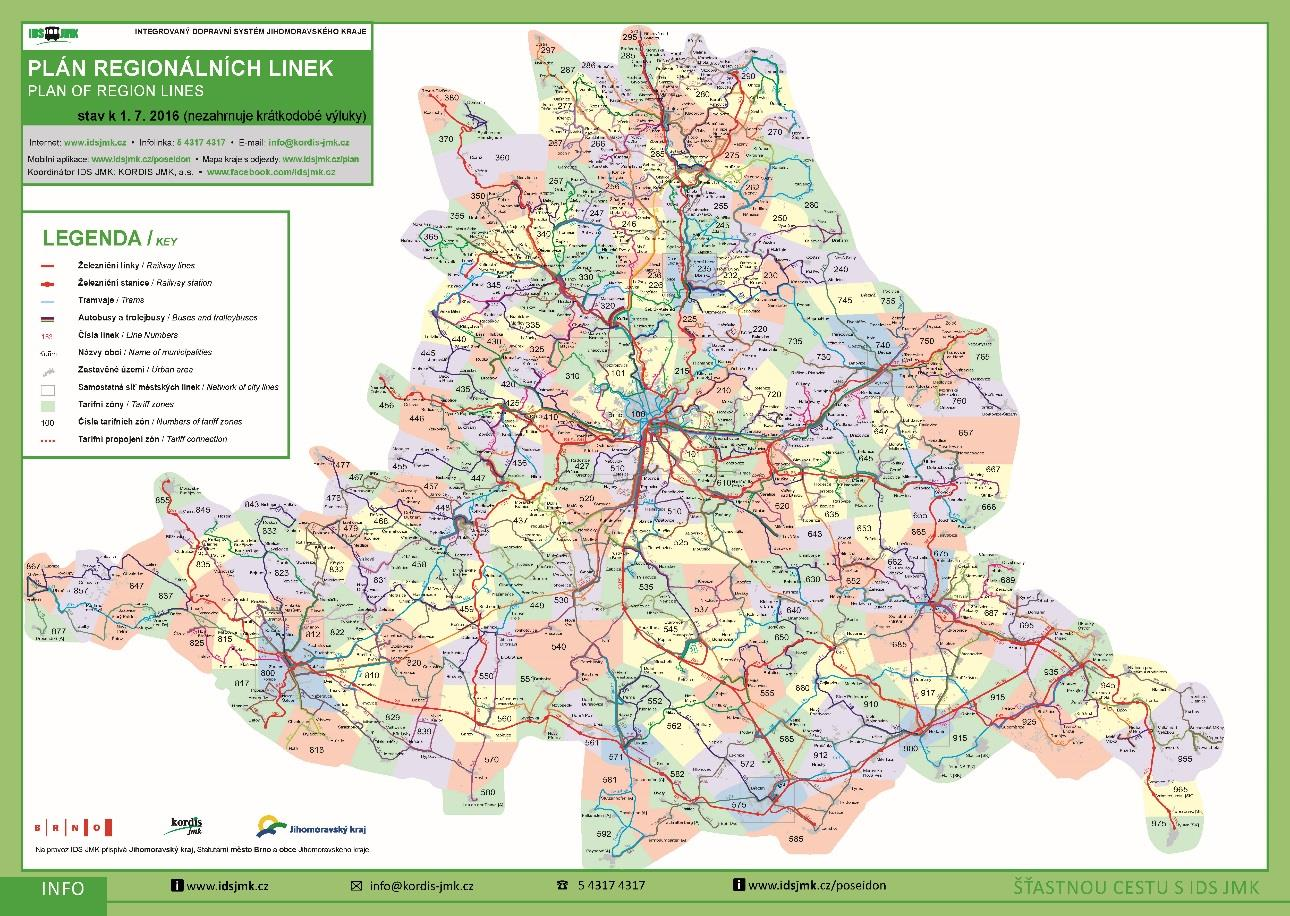 Obrázek 8 Plán sítě linek IDS JMK Centrální dispečink IDS JMK monitoruje provoz veškeré veřejné dopravy v Brně a Jihomoravském kraji, přímo řídí provoz regionálních autobusů a při řízení dopravy úzce