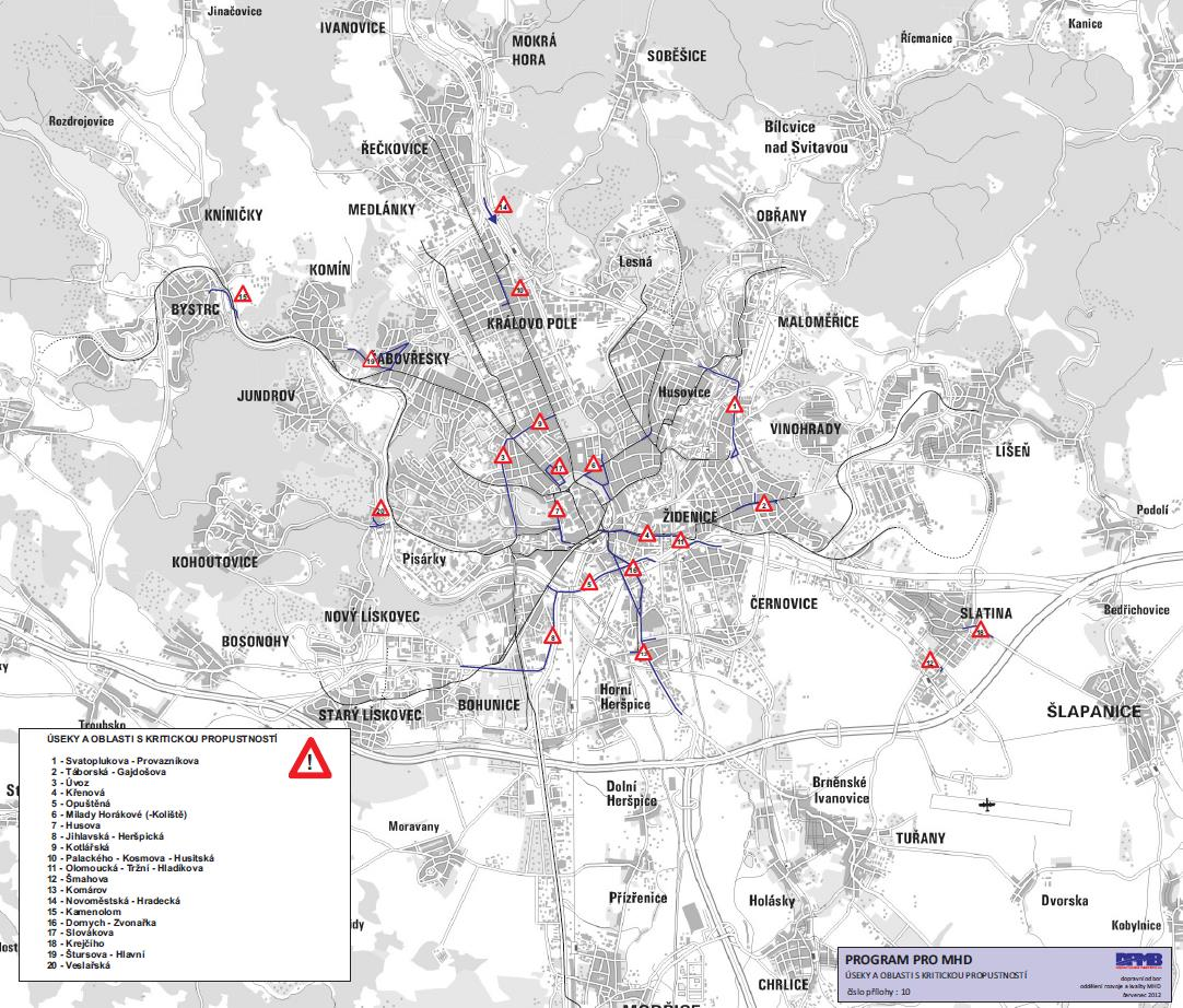 Obrázek 11 - Úseky a oblasti s kritickou prostupností (Zdroj DPMB) Nové tramvajové trasy je vhodné stavět v uličním prostoru, kde je umožněno vybudovat tramvajovou trať, na stavebně odděleném