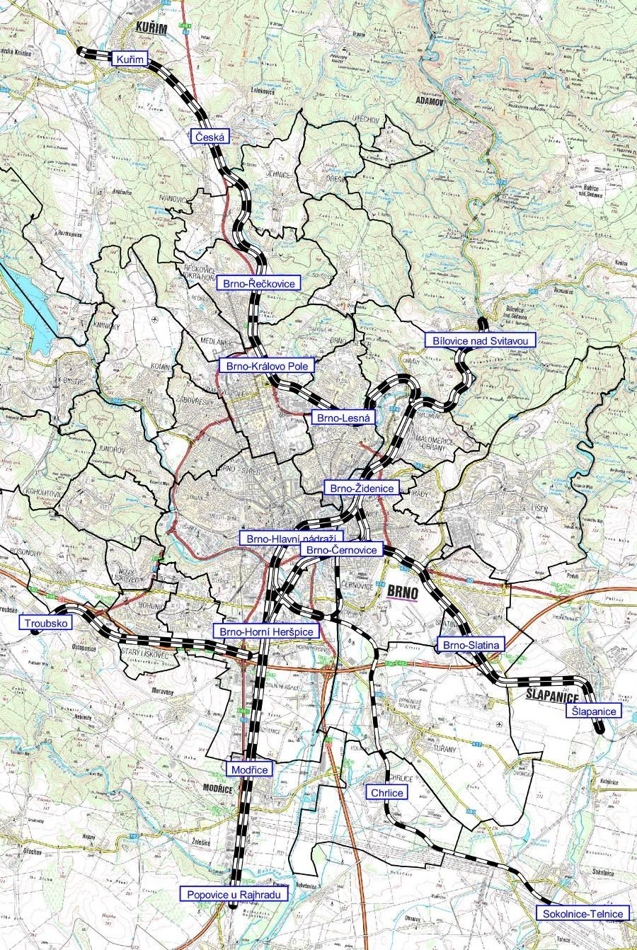 Obrázek 22 - Železniční tratě na území Brna. (Zdroj: Generel veřejné hromadné dopravy) 6.1.9.