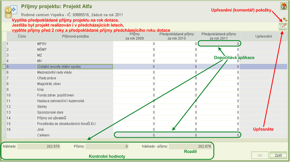 7.2.9 Příjmy projektu Formulář Příjmy projektu otevřete z formuláře Projekt. Příjmové položky vyplňujte až po vyplnění nákladů projektu.