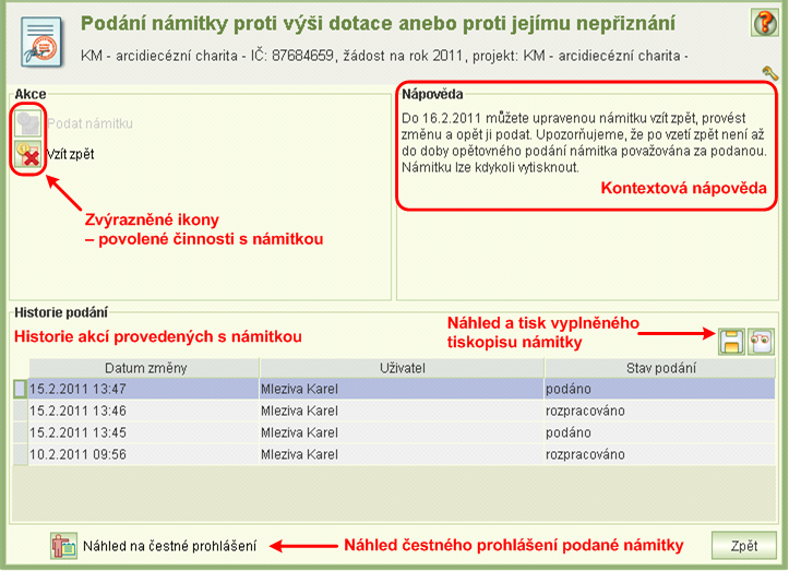 Po podání námitky si ji můžete kdykoliv prohlédnout po kliknutí na tlačítko Náhled souboru nebo si ji uložit na svůj počítač (ve formátu PDF) po kliknutí na tlačítko Export do souboru.