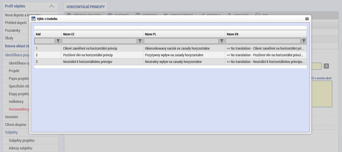 vyplní Popis a zdůvodnění vlivu projektu na horizontální princip.