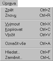 Hledat... umožňuje vyhledávání v zobrazeném textu. Zaměnit... umožňuje automatickou záměnu v označeném textu.