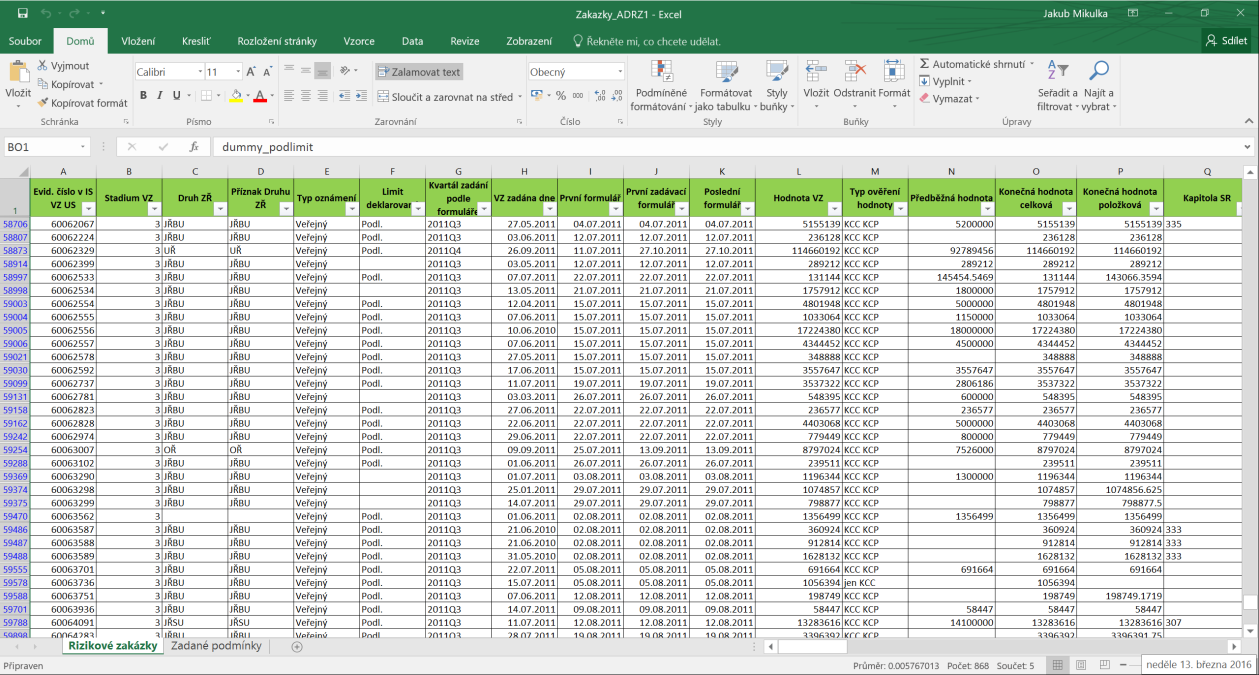 Po tomto kroku bude vygenerován nový soubor v MS Excel, který obsahuje listy Rizikové zakázky a Zadané podmínky.