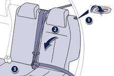 F Umístěte příslušný boční bezpečnostní pás na opěradlo a zapněte ho. F Nastavte opěrky hlavy do dolní polohy. F Stlačte ovladač 1 pro odjištění opěradla 2.
