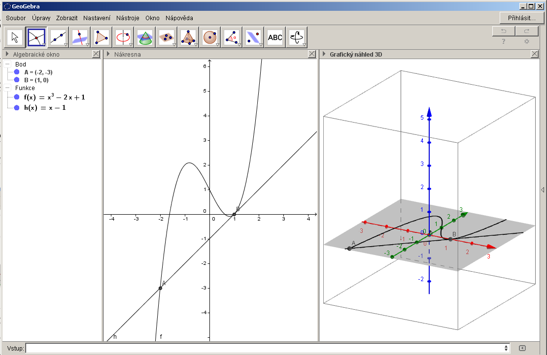 3µ 2015 Workshop: Využití GeoGebry ve výuce matematiky a geometrie Příklad 2: Rotační těleso Zadání: Zakreslete rovinný útvar ohraničený grafy funkcí f(x) = x 3 2x + 1, h(x) = x 1.