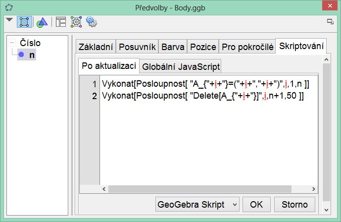 3µ 2015 Workshop: Využití GeoGebry ve výuce matematiky a geometrie Příklad 6: Seznámení s příkazy Zadání: Vytvořte n bodů (i,i) s názvem A i tak, aby se se změnou hodnoty n měnil jejich počet.