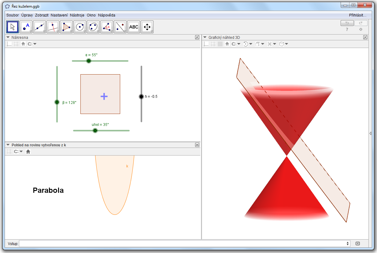 Workshop: Využití GeoGebry ve výuce matematiky a geometrie 3µ 2015 Příklad 8: Řezy rotační kuželové plochy Zadání: Vytvořte aplet, který bude demonstrovat řezy rotační kuželové plochy rovinou.