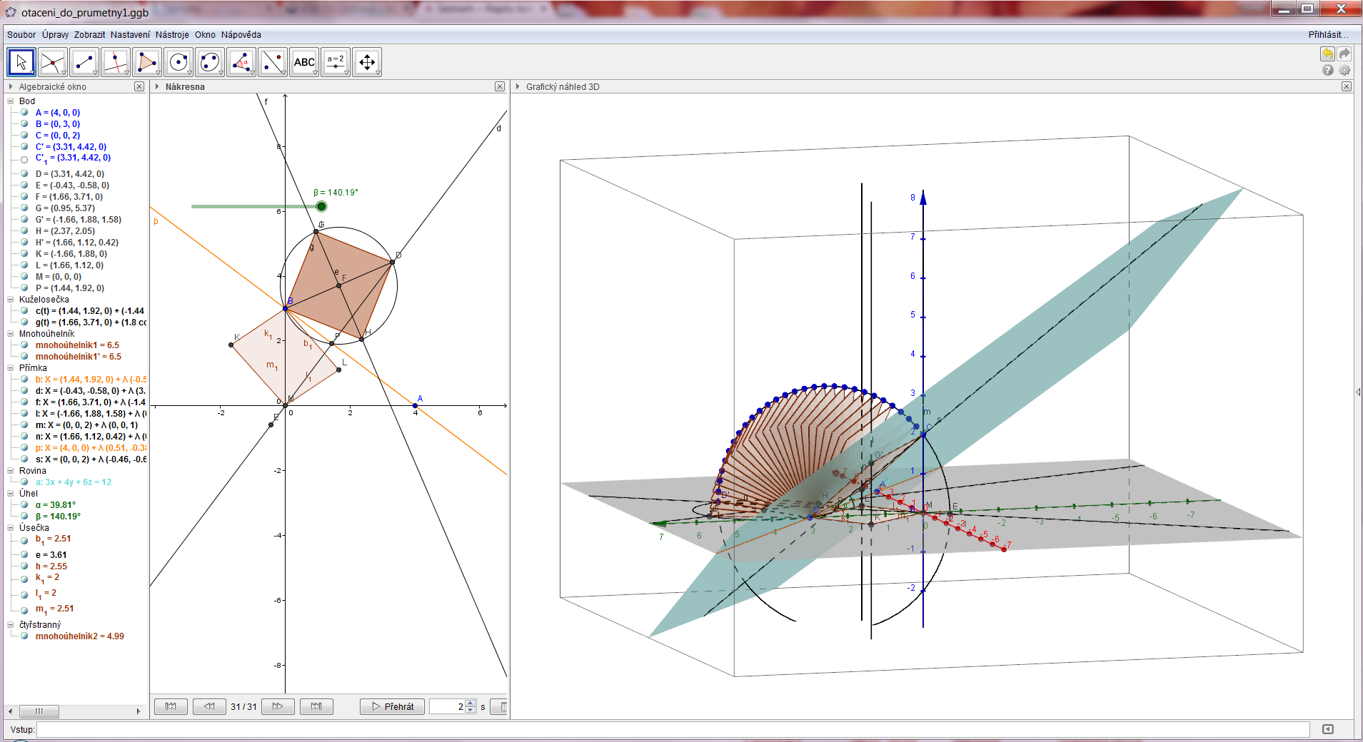 3µ 2015 Workshop: Využití GeoGebry ve výuce matematiky a geometrie 6. nakreslíme kružnici, která prochází bodem C a její osa je stopa roviny p 7.