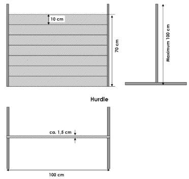 PŘÍLOHA 1 Vyobrazení překážek pro cvik 9 ve třídách 1 & 2 a cvik 8 ve třídě 3. Maximální výška překážky pro třídu 1 je 50 cm a pro třídy 2 & 3 je maximální výška překážky 70 cm.