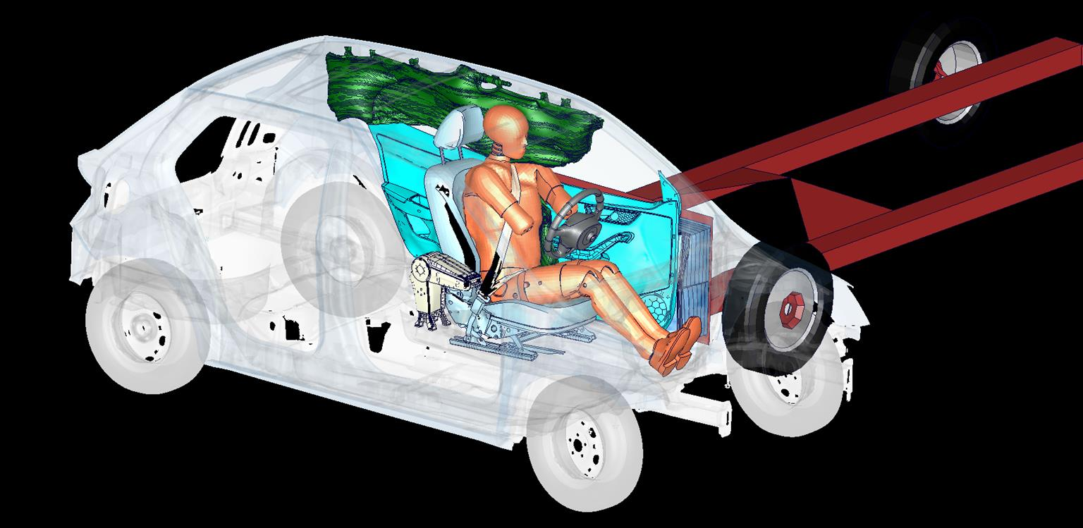 Boční bariérový náraz v konfiguraci Euro NCAP 2014 do vozidla naráží deformovatelná bariéra o hmotnosti 950 kg rychlostí 50 km/h hlavový airbag deformovatelná