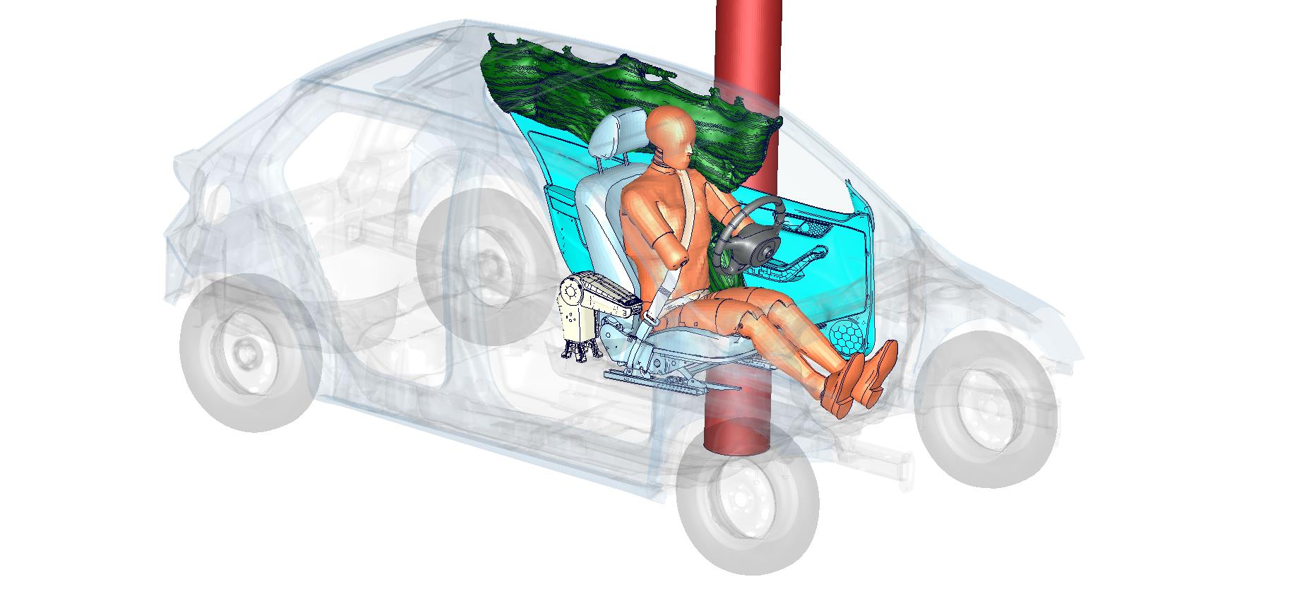 Boční náraz na kůl v konfiguraci Euro NCAP 2014 vozidlo naráží rychlostí 29 km/h do pevného kůlu průměru 254 mm hlavový airbag Nedeformovatelný kůl