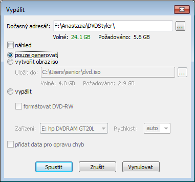 Vypálenie projektu priamo na DVD V tomto prípade program DVDStyler vypáli DVD priamo na médium. Pokiaľ použijete prepisovacie médium DVD RW, program ho dokáže aj naformátovať.
