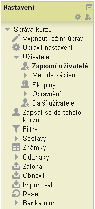 Zápis uživatelů do kurzu a přidělení rolí (GA, G, V) Záložka Uživatelé slouží k přidělování rolí uživatelům kurzu, k nastavení klíče k zápisu pro studenty