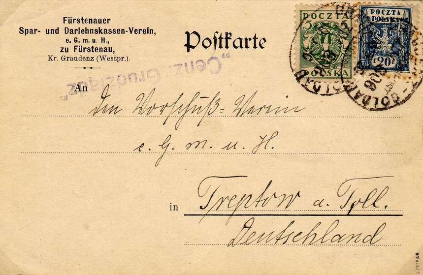 - 12 - Vlaková pošta GRAUDEZ-GOLDAP BAHNPOST ZUG 806 z 10. května 1920, polská vojenská cenzura Cenz. Grudziądz (cenzura Grudziądza č.2). Razítko vlakové pošty je německé.
