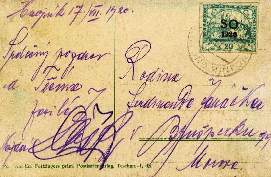 s černým přetiskem SO/1920 poslaná z Hnojníku do Brušperku 19.VII.1920 Zásilka je adresována do Brušperku, v textu datum 17.VII.1920. Expediční razítko s datem na můstku razítka je 19.