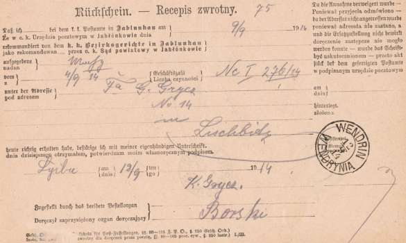 - 39 - Máme ještě z pošty ve Vendryni dva recepisy z r. 1914 a 1917.