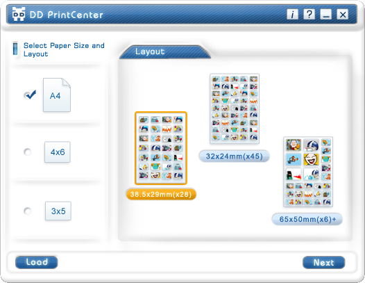 Aplikace DD PrintCenter nabízí tři standardní velikosti papíru. Jsou to A4, 4"*6" a 3"*5". Každá velikost papíru obsahuje tři typy šablon rozložení.