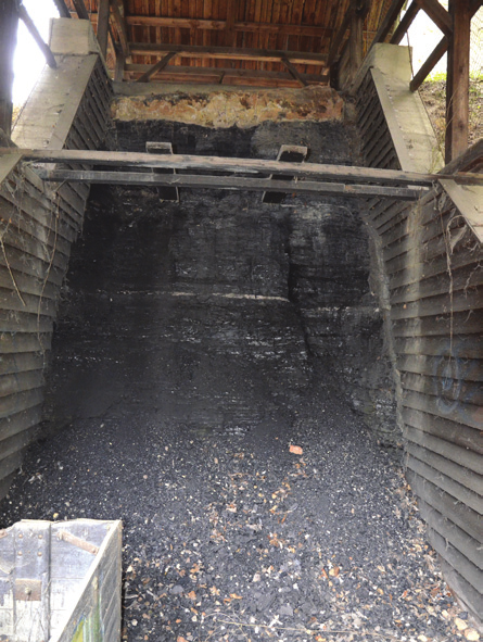 vložek. Chybí pouze asi 1,5 metru nejvyšší části této sloje. Před stěnou s uhlím si vlevo všimněte dřevěného vozíku horníky nazývaného hunt, do kterého se nakládalo vytěžené uhlí.