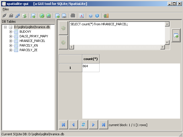 5. SpatiaLite V našem případě bylo staženo GUI spatialite-2.2-win-gui.zip pro OS Windows, ve kterém je obsažen spatialite-gui.exe.