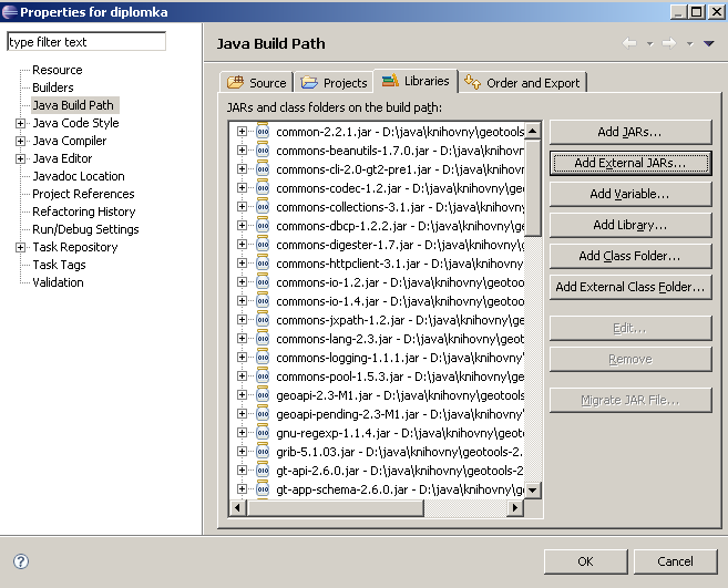 7. Převod dat z publikační databáze do ESRI Shapefile rightclick na projekt (diplomka) Build Path Configure Build Path objeví se podobný obrázek jako 7.5 zvolíme záložku Libraries Add External JARs.
