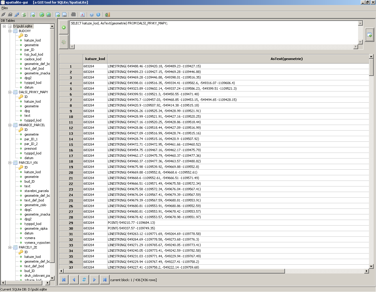 8. Import dat do SQLite Obrázek 8.5: Výsledky programu SHP2DB Výsledkem dalšího dotazu je obrázek 8.6.