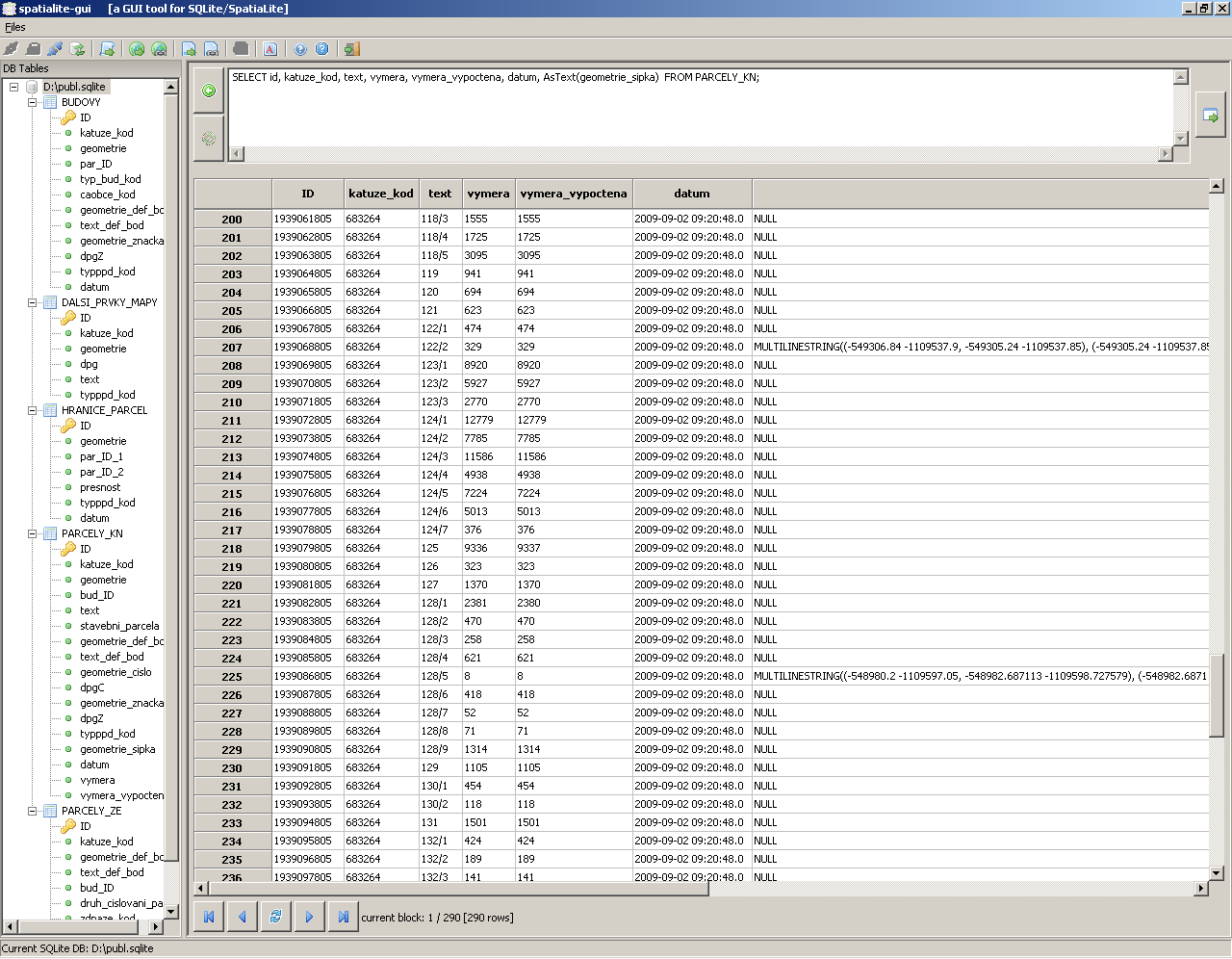 8. Import dat do SQLite Obrázek 8.6: Výsledky programu SHP2DB Pro spuštění obou programů byly vytvořeny bat soubory spust SDO2SHP.bat a spust SHP2DB.