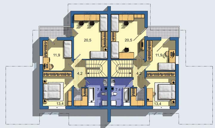 podkroví jsou řešené tři pokoje, které poskytují dostatek prostoru na bydlení a zároveň dobře řešený úložný prostor 1363 m 2 [celková plocha 2 x 707 m 2 ]