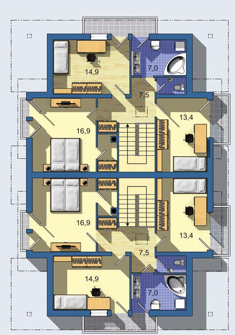 pokoje s přímým vstupem na balkon vnější vzhled domu v sobě spojuje tradiční hmotové řešení s využitím moderních prvků DUAL 38 Způsob