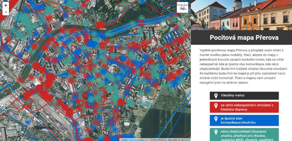 2.5 POCITOVÁ MAPA MĚSTA PŘEROV Pocitová mapa je nástroj, který nabízí možnost jak aktivně zapojit občany do tvorby plánu mobility, a to prostřednictvím předání informací o jejich vlastním vnímání