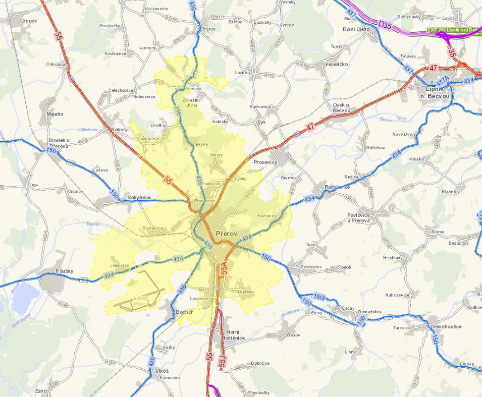 Obrázek 5.1: Silniční síť ve městě Přerově a okolí. Zdroj: ŘSD ČR 5.