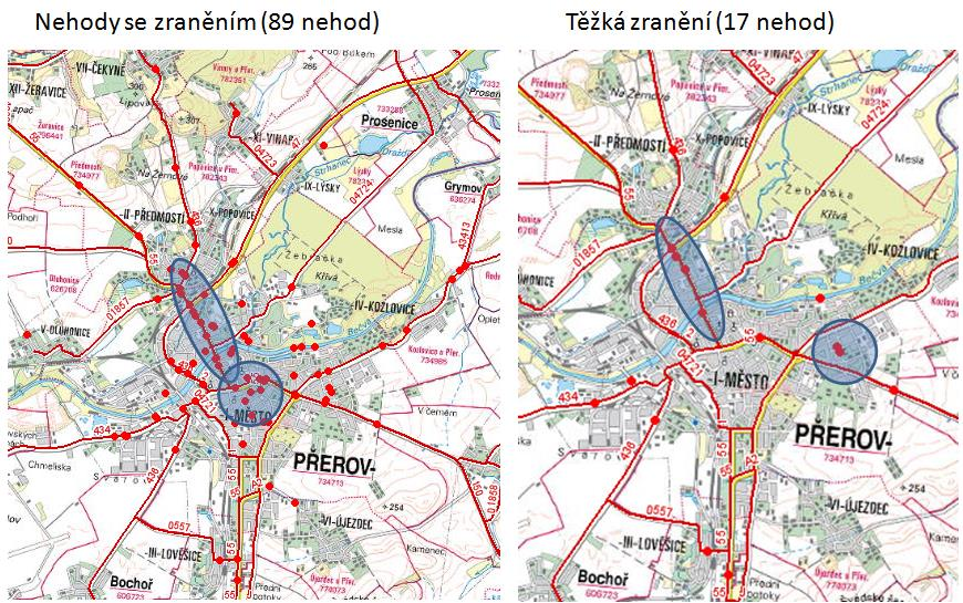 8.5 ZÁVADY A PROBLÉMOVÉ OBLASTI, NEHODOVÉ LOKALITY Závady na cyklistické síti z hlediska nehodovosti jsou v lokalitě Velká Dlážka a v lokalitě Šířava a 17. listopadu.