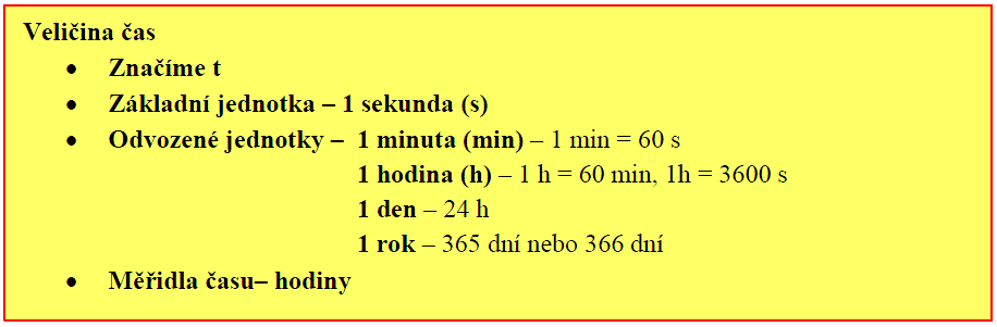 Fyzikální veličina Čas označení, jednotky, měřidla Čas je fyzikální veličina, která vyjadřuje dobu trvání děje, nebo