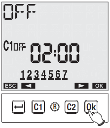 Použijte tlačítka C1 a C2 pro vložení hodnot a Ok pro potvrzení nebo tlačítko pro opuštění beze změn.
