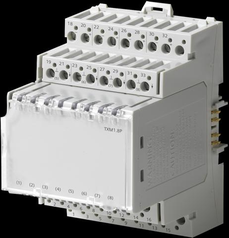 8176P01 s 8 176 TX-I/O Měřící modul TXM1.8P 8 vstupů s LED indikací - signál / porucha. 8 vstupů pro odporové články, individuálně konfigurovatelných pro měření odporu nebo teploty.