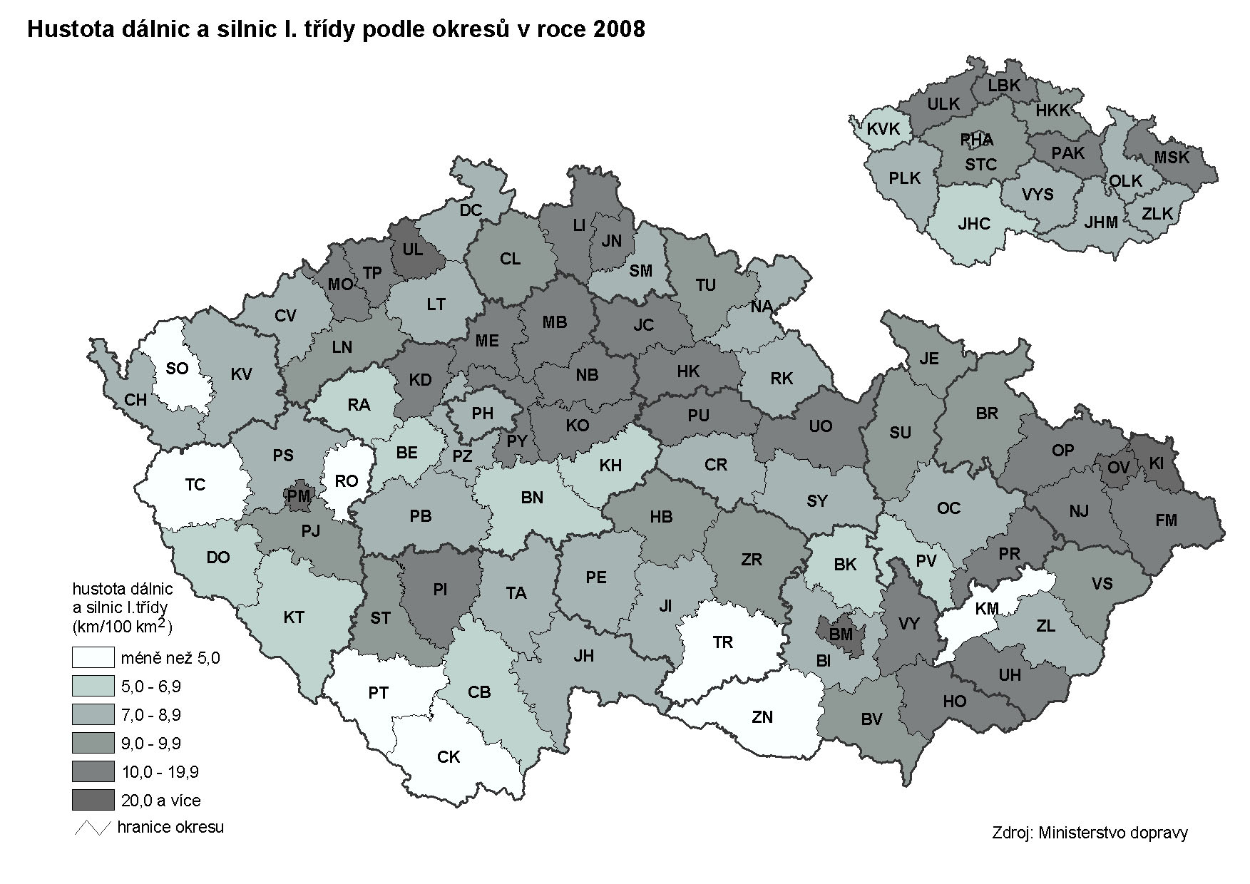 K 5 Hustota dálnic a silnic I. třídy podle okresů v roce 2008 