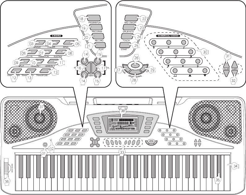 FUNKCJE PROFESJONALNEGO KEYBOARD U - standardowa klawiatura 61 klawiszowa - funkcja synchronizacji rytmu/akordu (C2-C7) - funkcja klawisze/podział klawiatury/ - wielofunkcyjny ekran LCD wybór punktu