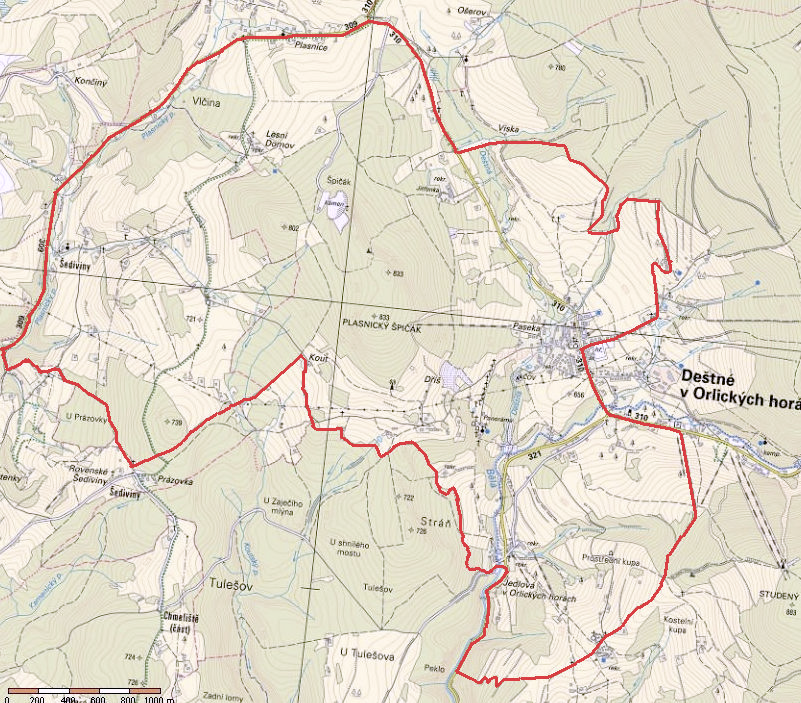 Odtud hranice pokračuje západním směrem po cestě do lokality Obšár a po cca 200 m stejným směrem po jižním okraji p.č. 332/3, 336/2, 337, 336/1, 362/2 a 362/1 k lesnímu porostu p.č. 388 (k.ú.