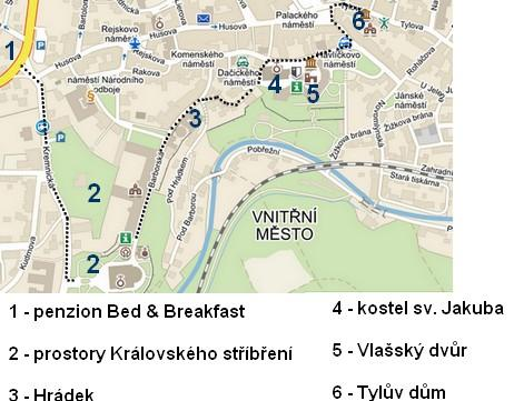 Obrázek 2: Trasa druhého dne Zdroj: vlastní zpracování dle mapy.cz (měřítko 1:150) Hrádek původně dřevěná tvrz, která měla chránit město, byla přestavěna na obytné sídlo.