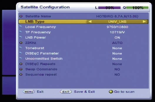 Konfigurace satelitu Nastavení USALS pozicionéru nastavení časového režimu a letního času. V dalším kroku již budete potřebovat mít připojenou vaši anténu.