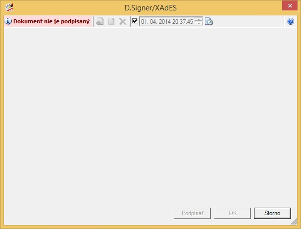 V takomto prípade sa tiež zobrazí hlavné okno aplikácie D.Signer/XAdES.NET, ale nebude možné uskutočniť vytvorenie podpisu (tlačidlo Podpísať bude neprístupné). V rámci hlavného okna aplikcácie D.