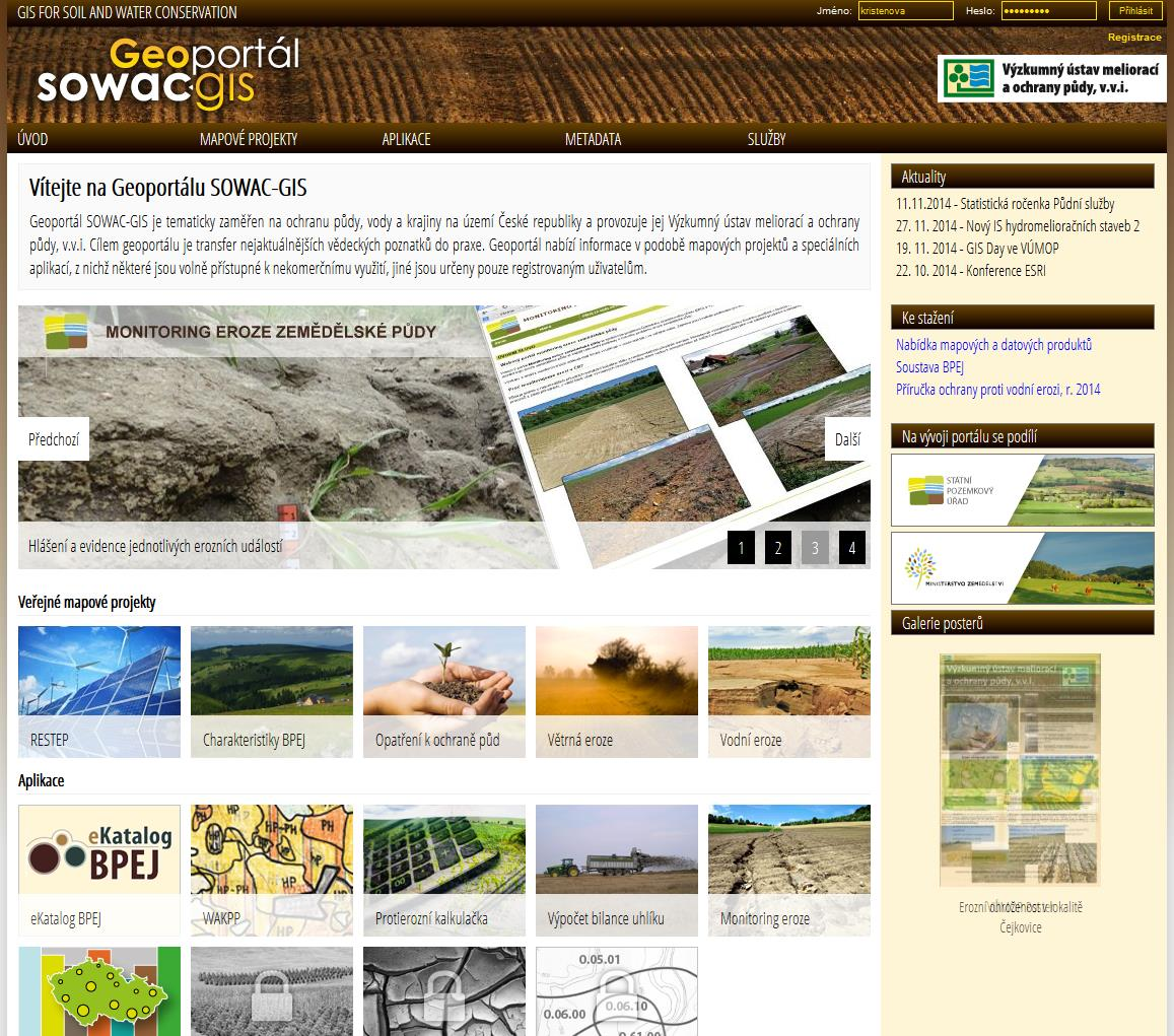 Obr. 3 Úvodní strana geoportálu SOWAC GIS dostupného na http://geoportal.vumop.