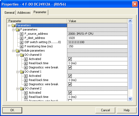 Vstupní moduly: parametry (ET 200S 4 F-DO) Nastvení DIL přepínače PROFIsafe parametry parametry