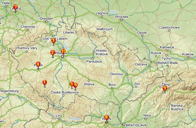 Mapa č. 2: Místa pobytu rodiny Antonína Kludského v letech 1848-1891 Legenda: 1. Bukovník (1848) 2. Bratronice (1849) 3. Libochovice (1853) 4. Plzeň (1862) 5.