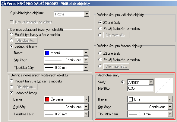 Dále nastavte parametry šrafů. Měřítko: 0.35 Barva: Bílá Tloušťka čáry: 0.13 mm Obrázek 209: Nastavení parametrů šrafů 5.